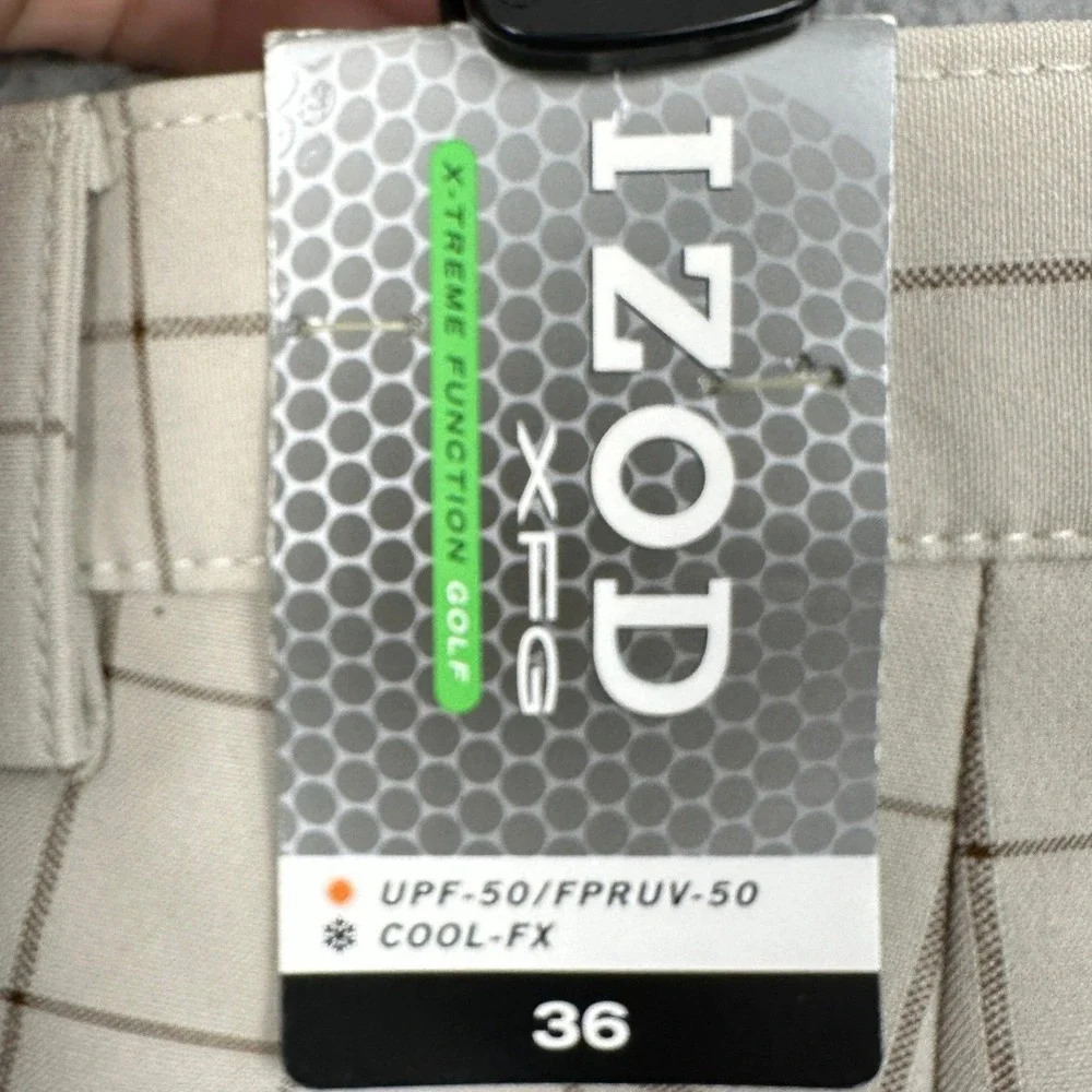 NEW IZOD XFG Shorts Mens 36 Tan Beige Golf Chino Windowpane Plaid Performance